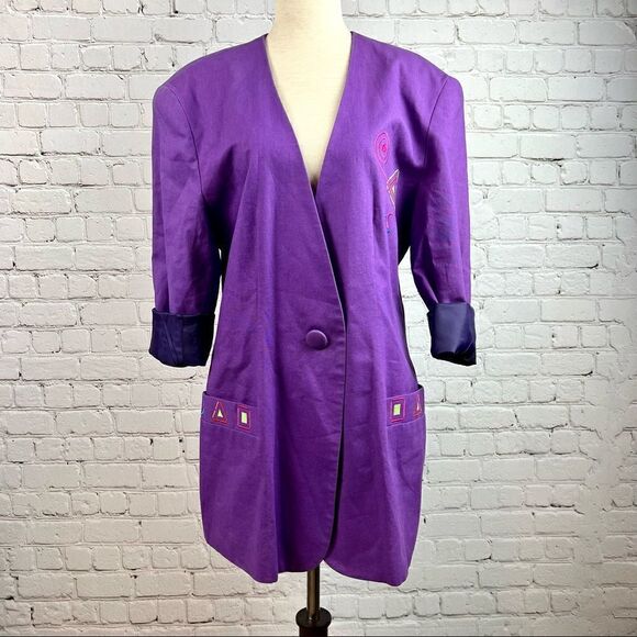 Vintage 90s Althuser Grape/Violet Geometric Shape Embroidered Funky Blazer M - Picture 3 of 13